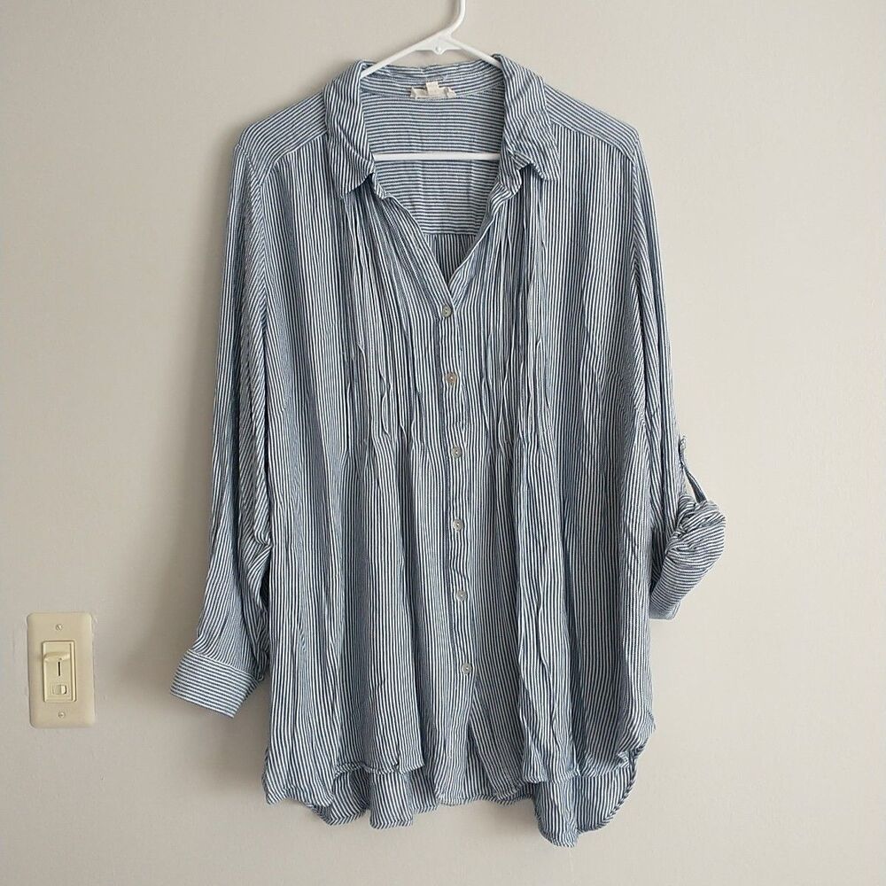 Jane+Delancey Shirt Tunic Womens 1X Blue Stripe Roll Tab Sleeve Pleated Nautical